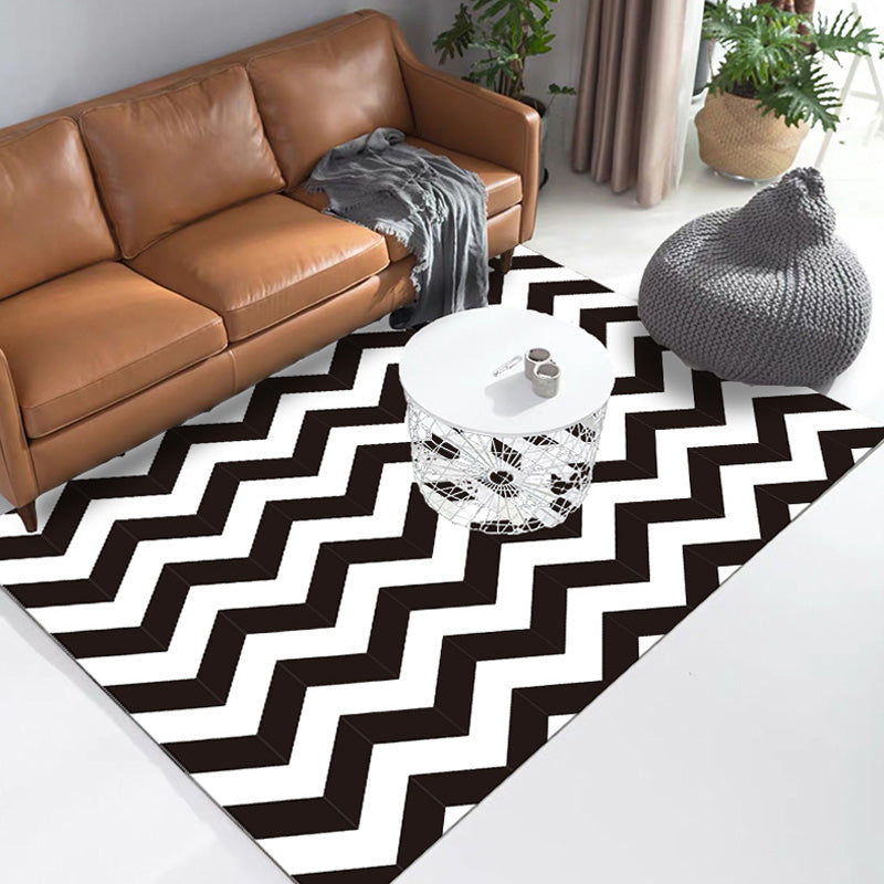Stylish black modernist rug polyester geometric and striped pattern rug washable pet-friendly non-slip rug for the living room | Bowlift