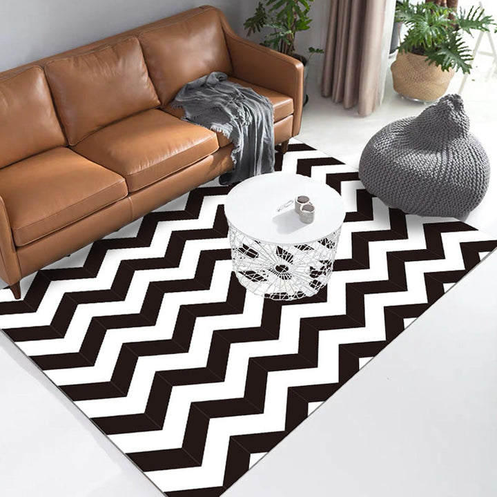 Stylish black modernist rug polyester geometric and striped pattern rug washable pet-friendly non-slip rug for the living room | Bowlift