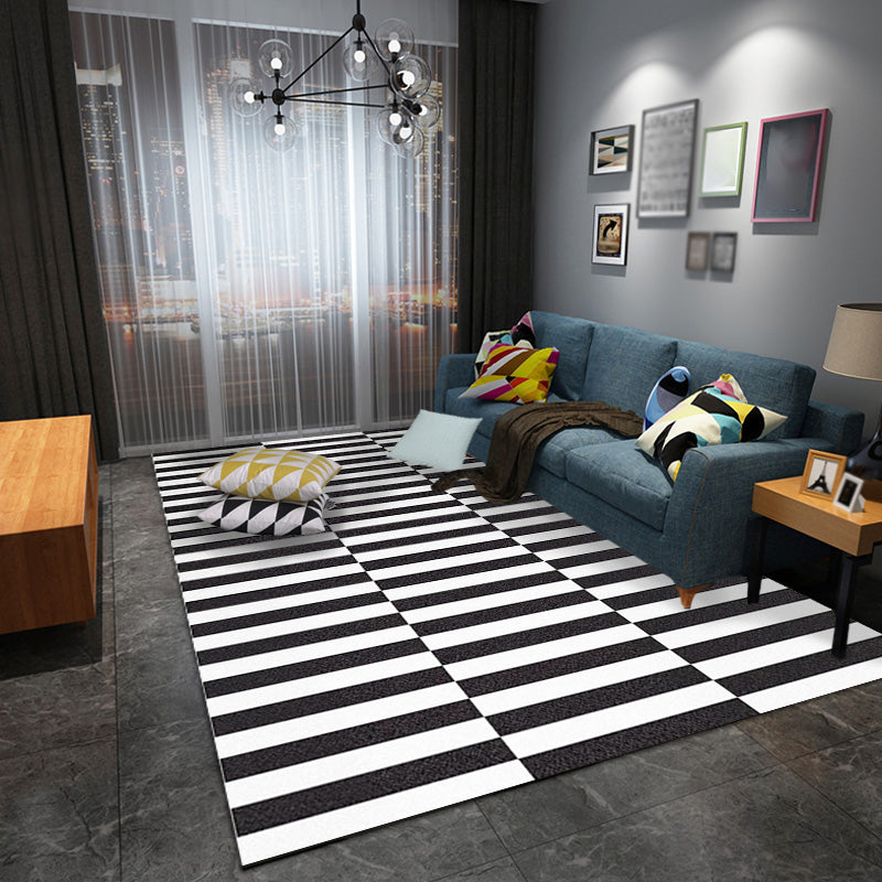 Stylish black modernist rug polyester geometric and striped pattern rug washable pet-friendly non-slip rug for the living room | Bowlift