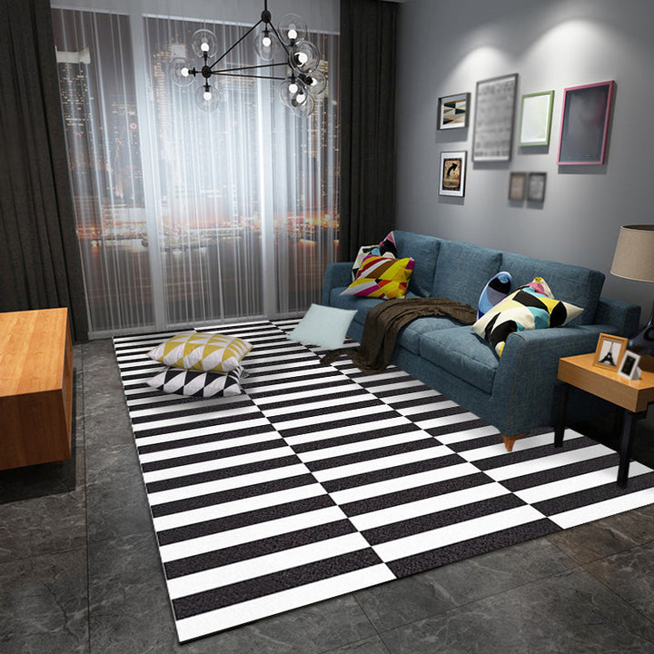 Stylish black modernist rug polyester geometric and striped pattern rug washable pet-friendly non-slip rug for the living room | Bowlift