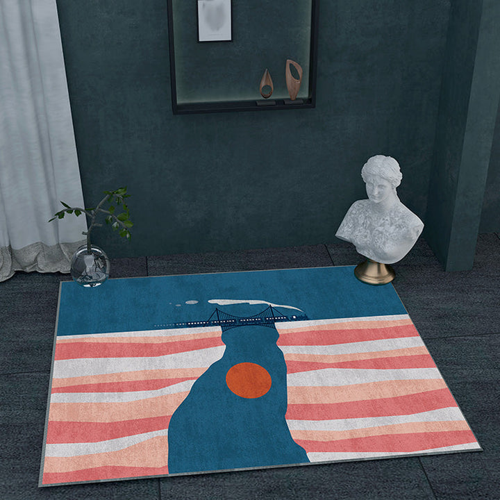 BowLift | Navy Blue Multi-Pattern Rug Polyester Oriental Rug Washable Non-Slip Pet-Friendly Area Rug for the Living Room