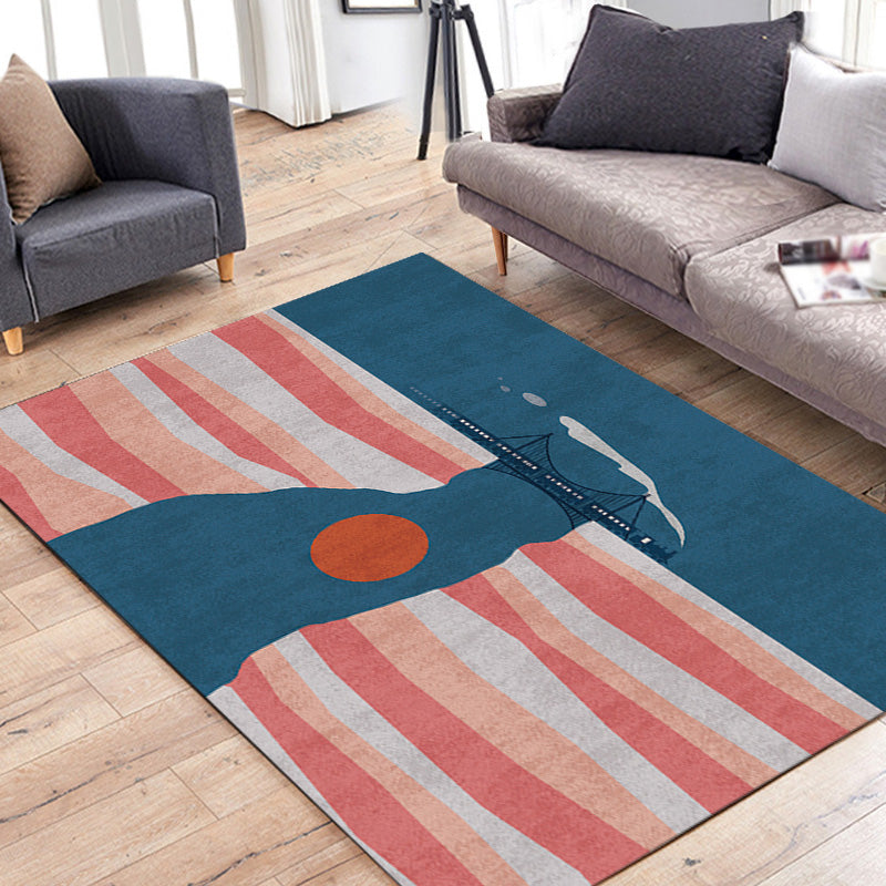 BowLift | Navy Blue Multi-Pattern Rug Polyester Oriental Rug Washable Non-Slip Pet-Friendly Area Rug for the Living Room