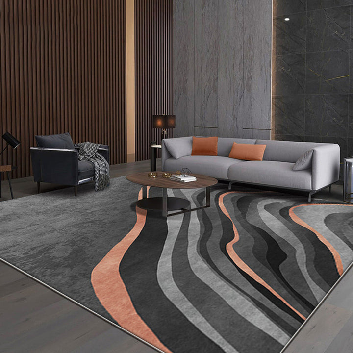 BowLift | Creative Black Modernist Carpet Polyester Swirl Striped Pattern Rug Washable Pet-Friendly Non-Slip Area Rug for Living Room