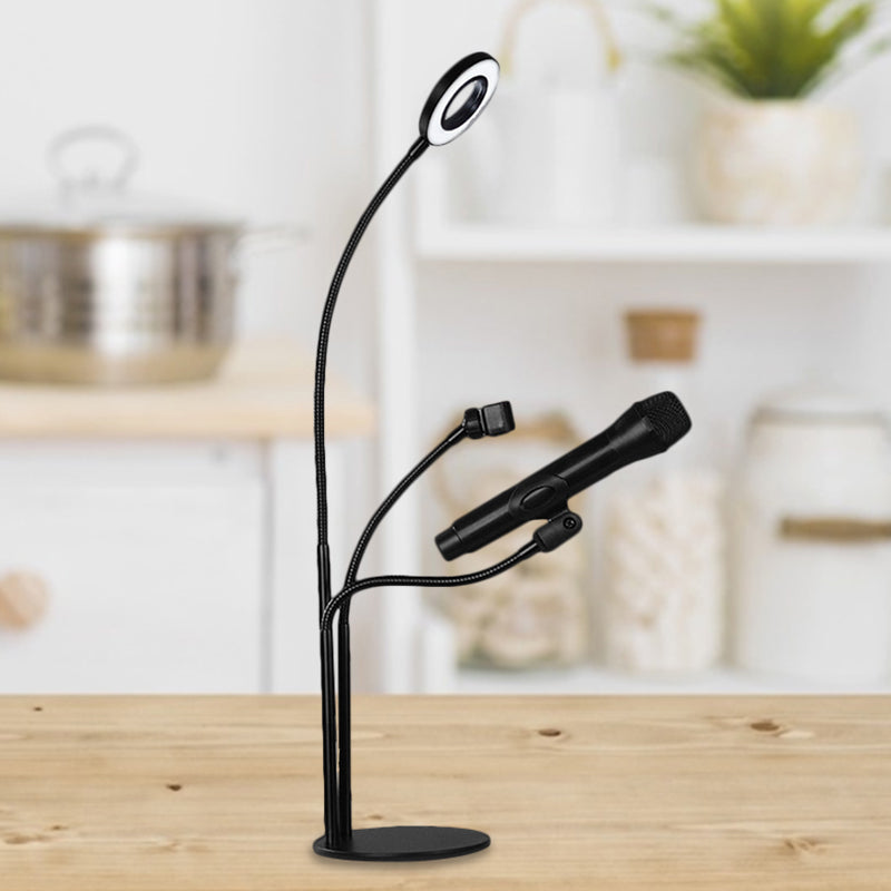 BowLift | Metallic Round Vanity Light Contemporary Black Finish USB LED Fill Lighting with Phone Holder Design