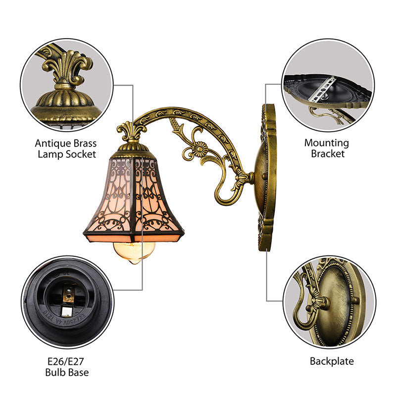 BowLift | Art Glass Bell Wall Lamp with Engraved Arm 1 Head Vintage Tiffany Wall Lamp in Black for Outdoor