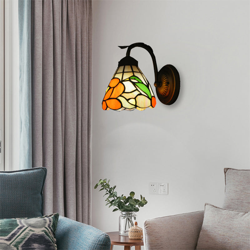 BowLift | Rustic Tiffany Blossom Wall Lamp with Bird Stained Glass 1 Main Orange Wall Lamp for Dining Room