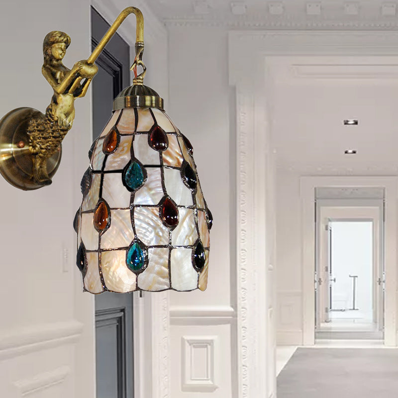 BowLift | Extended wall-mounted lamp Tiffany Shell 1 head Beige wall lamp with mermaid plate