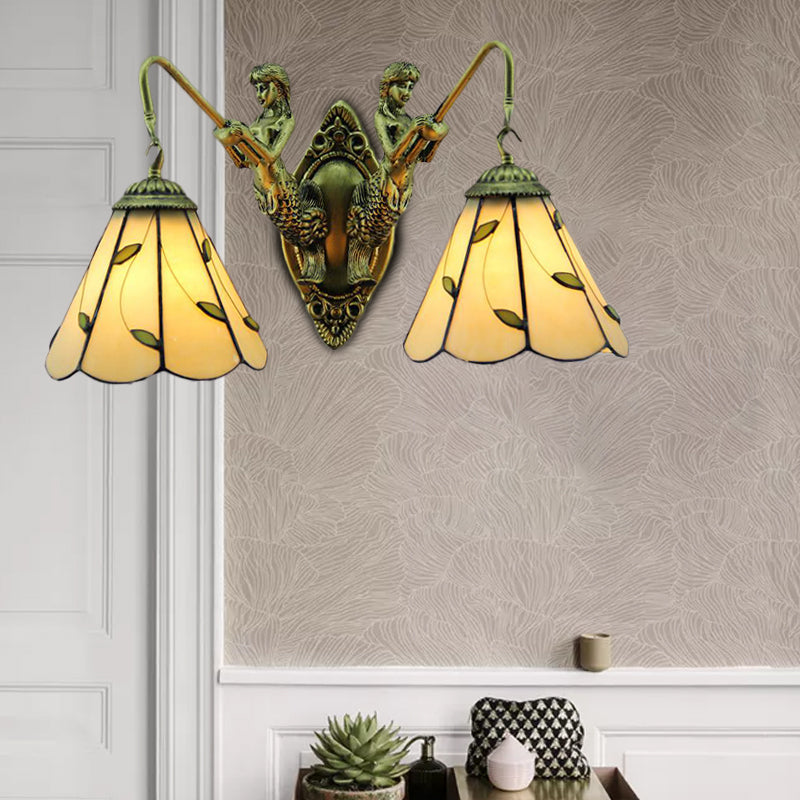 BowLift | Lily Beige Glass Wall Light Tiffany 2 Heads Brass Wall Mounted Lamp with Mermaid Back Plate