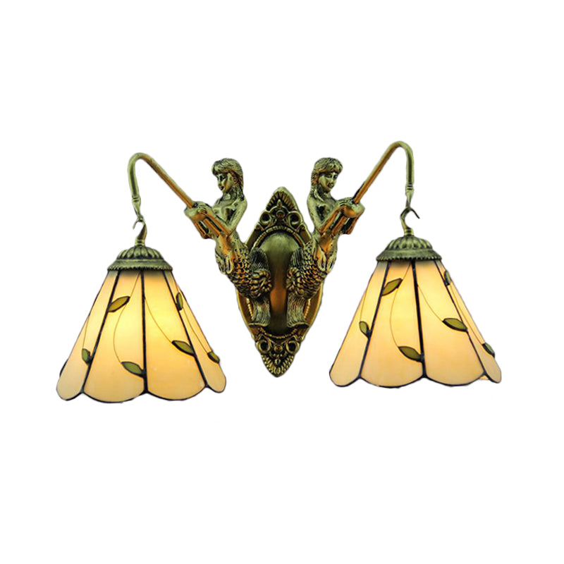 BowLift | Lily Beige Glass Wall Light Tiffany 2 Heads Brass Wall Mounted Lamp with Mermaid Back Plate