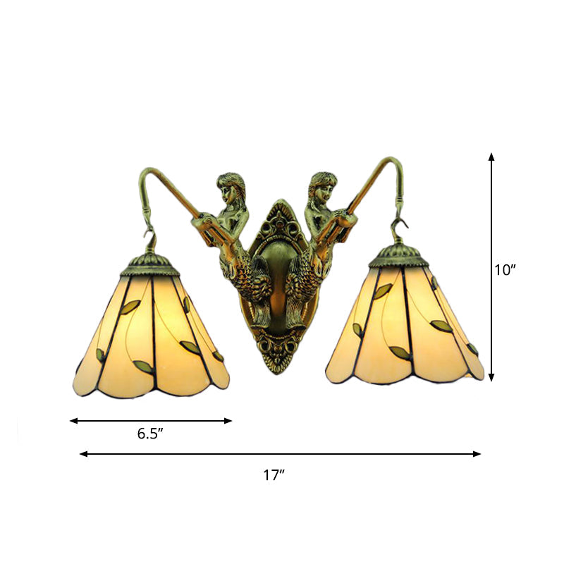 BowLift | Lily Beige Glass Wall Light Tiffany 2 Heads Brass Wall Mounted Lamp with Mermaid Back Plate