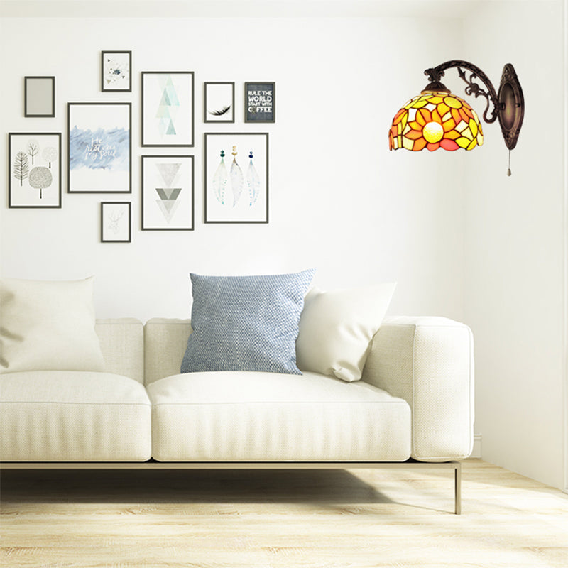 BowLift | Rustic Tiffany Sunflower Wall Lamp with Engraved Arm 1 Main Stained Glass Wall Lamp for Living Room
