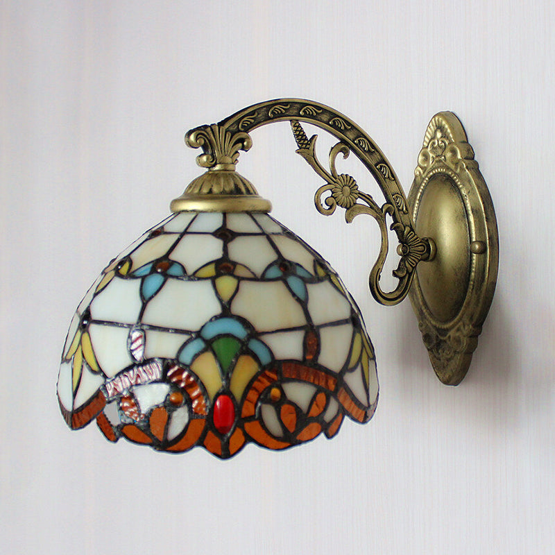 BowLift | Beige Arched Wall Light with Engraved Arm 1 Light Tiffany Victoria Stained Glass Candle Holder for Corridor