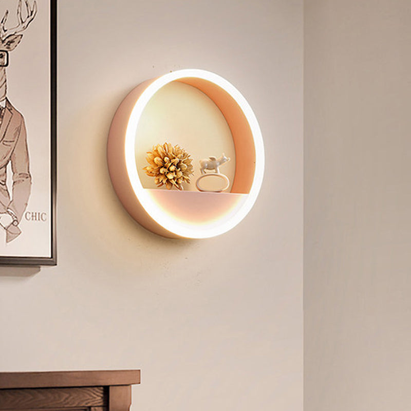BowLift | Iron Ring Flush Mount Wall Light Macaron Pink/Blue 12"/16" Wide LED Wall Lamp in Warm/White Light with Shelf Function
