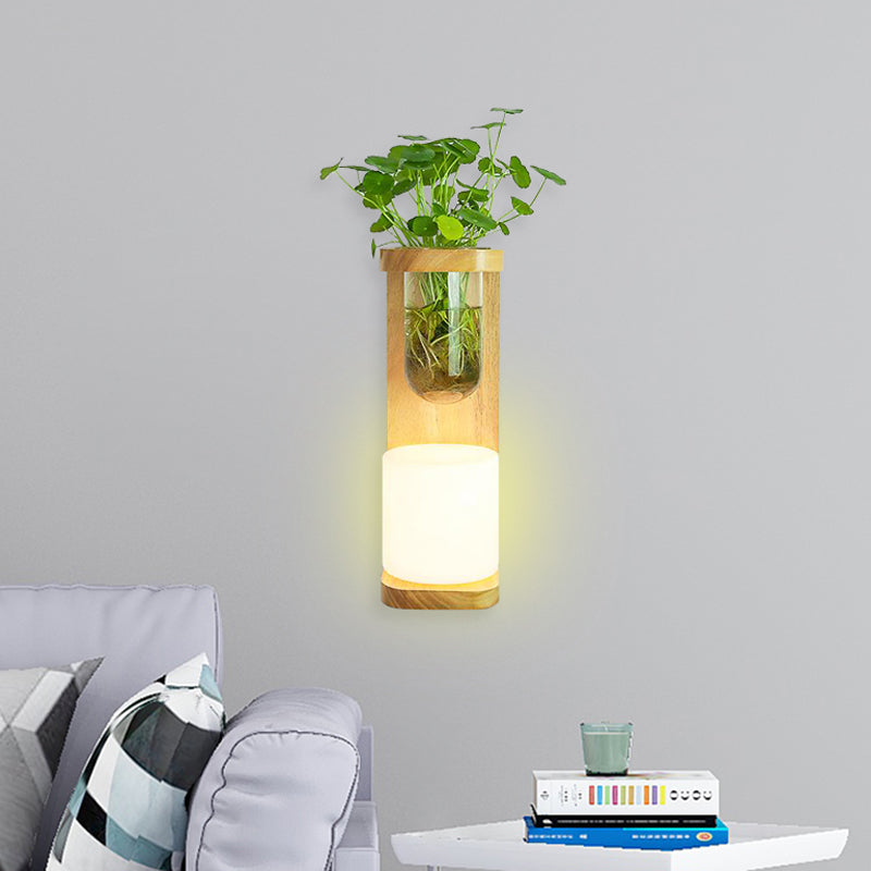 BowLift | Nordic Cylinder Wall Lamp 1-Head Opal Glass Wall Lighting in Wood with Clear Glass Plant Cup