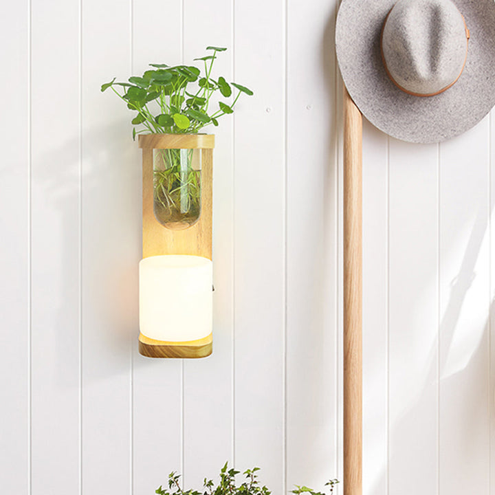 BowLift | Nordic Cylinder Wall Lamp 1-Head Opal Glass Wall Lighting in Wood with Clear Glass Plant Cup
