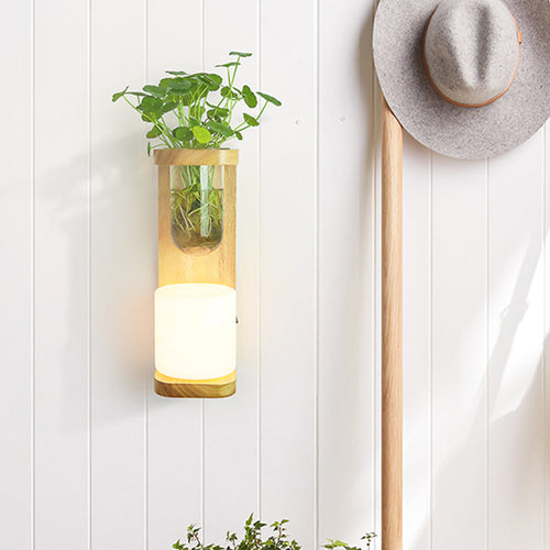 BowLift | Nordic Cylinder Wall Lamp 1-Head Opal Glass Wall Lighting in Wood with Clear Glass Plant Cup