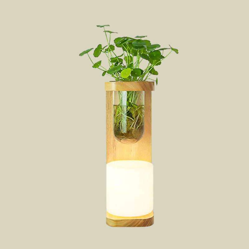 BowLift | Nordic Cylinder Wall Lamp 1-Head Opal Glass Wall Lighting in Wood with Clear Glass Plant Cup