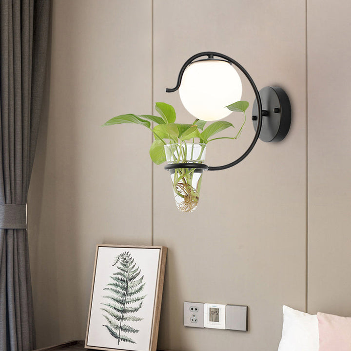 BowLift | Cream/Smoke Gray Glass Orb Wall Lamp Vintage 1-Light Bedroom Wall Lamp in Black/Gold with C-Shaped Arm and Plant Pot