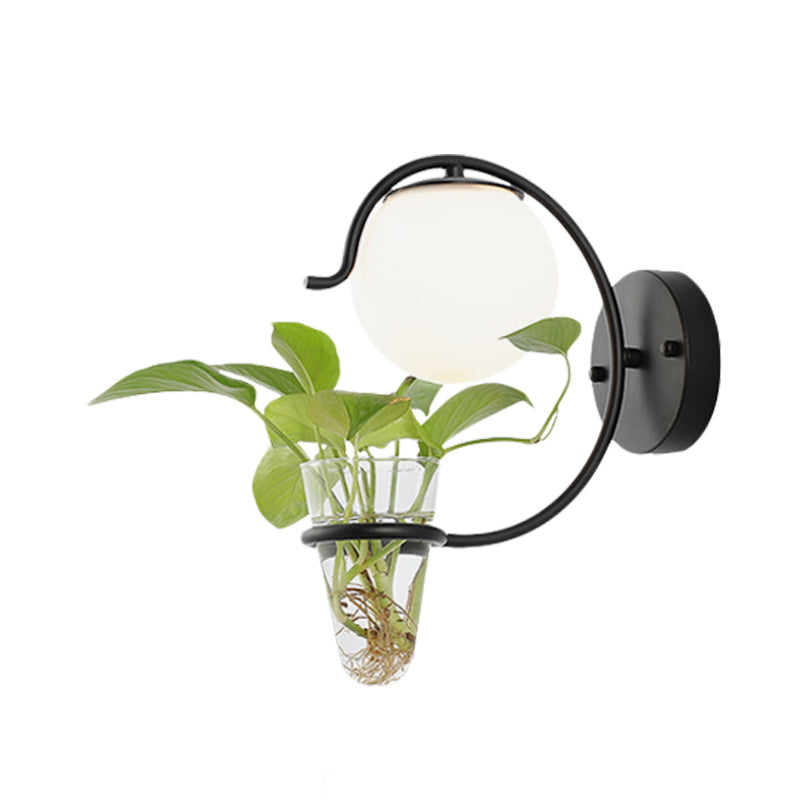 BowLift | Cream/Smoke Gray Glass Orb Wall Lamp Vintage 1-Light Bedroom Wall Lamp in Black/Gold with C-Shaped Arm and Plant Pot