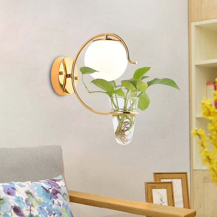 BowLift | Cream/Smoke Gray Glass Orb Wall Lamp Vintage 1-Light Bedroom Wall Lamp in Black/Gold with C-Shaped Arm and Plant Pot