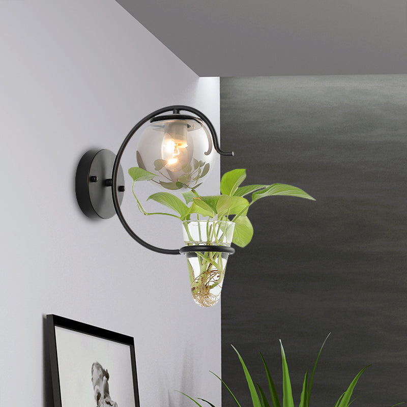 BowLift | Cream/Smoke Gray Glass Orb Wall Lamp Vintage 1-Light Bedroom Wall Lamp in Black/Gold with C-Shaped Arm and Plant Pot