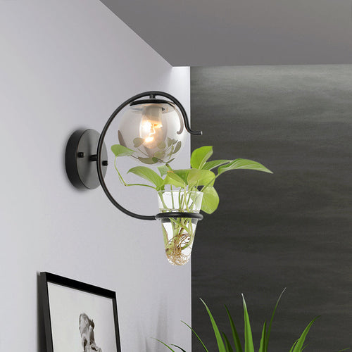 BowLift | Cream/Smoke Gray Glass Orb Wall Lamp Vintage 1-Light Bedroom Wall Lamp in Black/Gold with C-Shaped Arm and Plant Pot