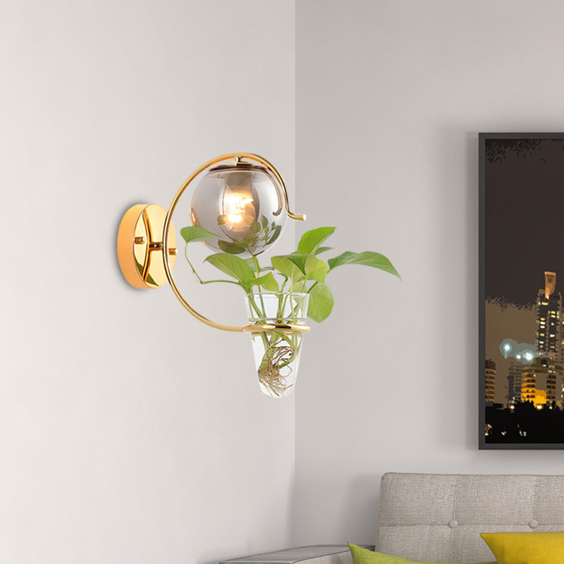 BowLift | Cream/Smoke Gray Glass Orb Wall Lamp Vintage 1-Light Bedroom Wall Lamp in Black/Gold with C-Shaped Arm and Plant Pot