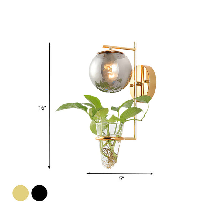 BowLift | Gold/Black Globe Wall Light Antique Cream/Smoke Grey Glass 1-Head Bedroom Wall Lamp with Clear Glass Plant Cup