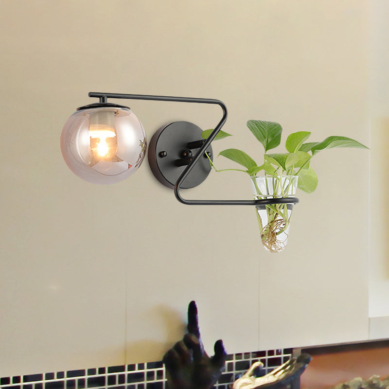 BowLift | Global Bedroom Wall Light Industrial Cream/Smoke Grey Glass 1 Head Black/Gold Wall Lamp with Clear Glass Plant Holder