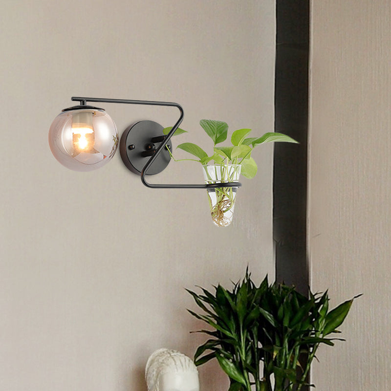 BowLift | Global Bedroom Wall Light Industrial Cream/Smoke Grey Glass 1 Head Black/Gold Wall Lamp with Clear Glass Plant Holder