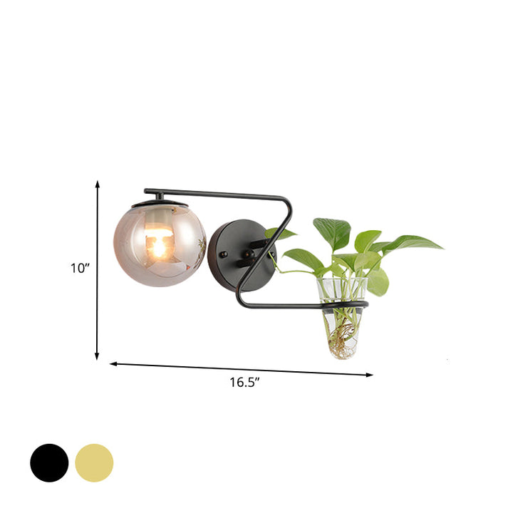 BowLift | Global Bedroom Wall Light Industrial Cream/Smoke Grey Glass 1 Head Black/Gold Wall Lamp with Clear Glass Plant Holder
