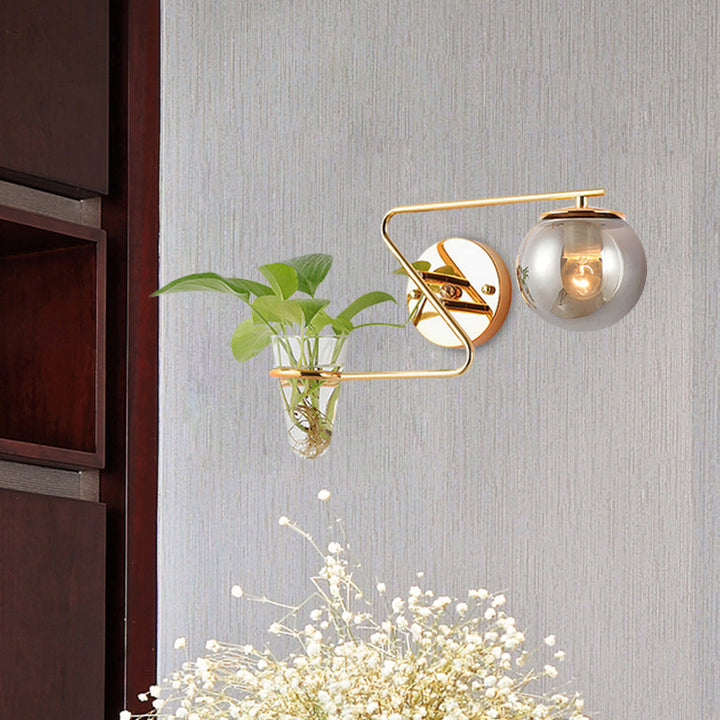 BowLift | Global Bedroom Wall Light Industrial Cream/Smoke Grey Glass 1 Head Black/Gold Wall Lamp with Clear Glass Plant Holder