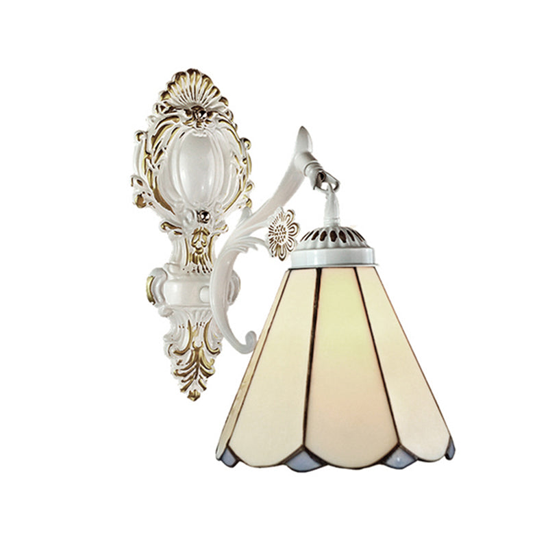 BowLift | Cone Wall Lamp Traditional Beige Glass 1 Light Wall Lighting in White Finish for Bedroom