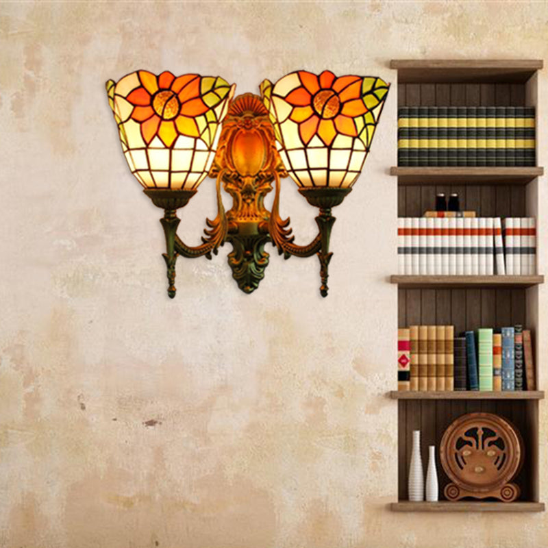 BowLift | Sunflower Wall Mount Light Lodge Style Stained Glass 2 Heads Wall Lighting for Bedroom