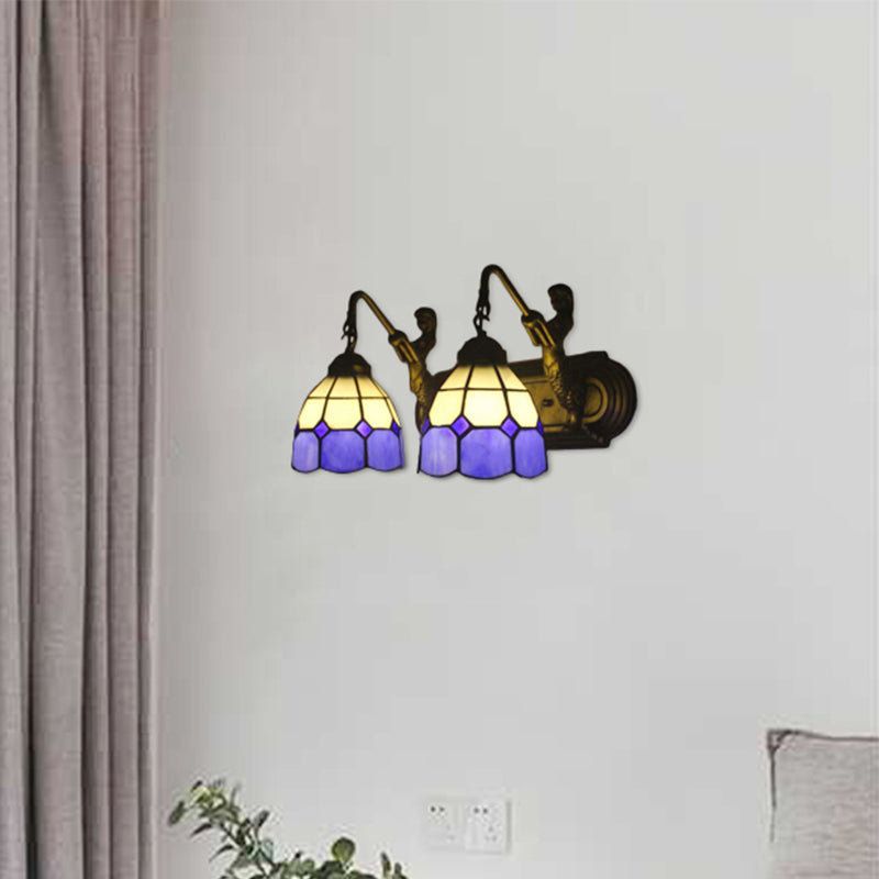 BowLift | 2 Heads Wall Mount Light Mediterranean Grid Pattern Blue Glass Wall Lamp with Mermaid Backplate