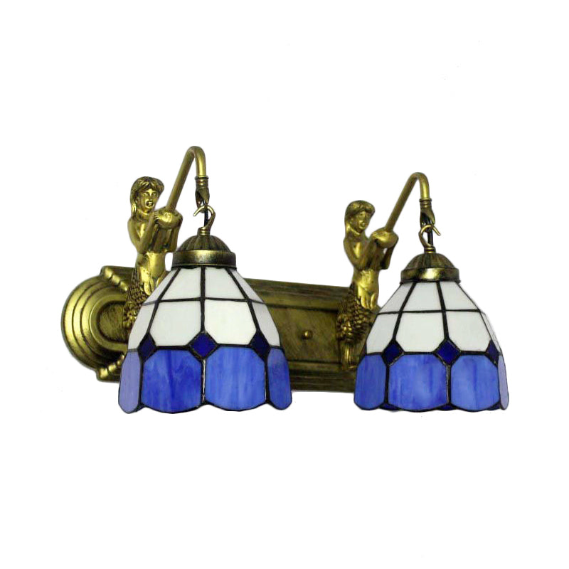 BowLift | 2 Heads Wall Mount Light Mediterranean Grid Pattern Blue Glass Wall Lamp with Mermaid Backplate