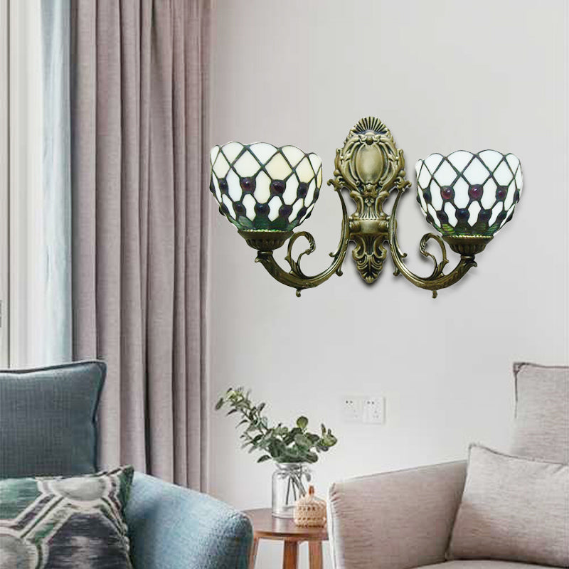 BowLift | 2-Lamp Grid Bowl Wall Lamp Tiffany Traditional Wall Lamp in Blue/Beige for the Bathroom