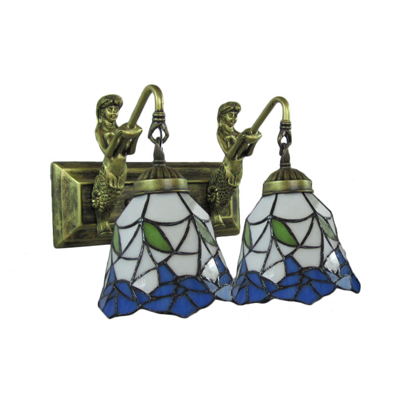BowLift | 2 heads hallway wall lamp Mediterranean antique bronze wall-mounted lamp with flared blue and white glass shade