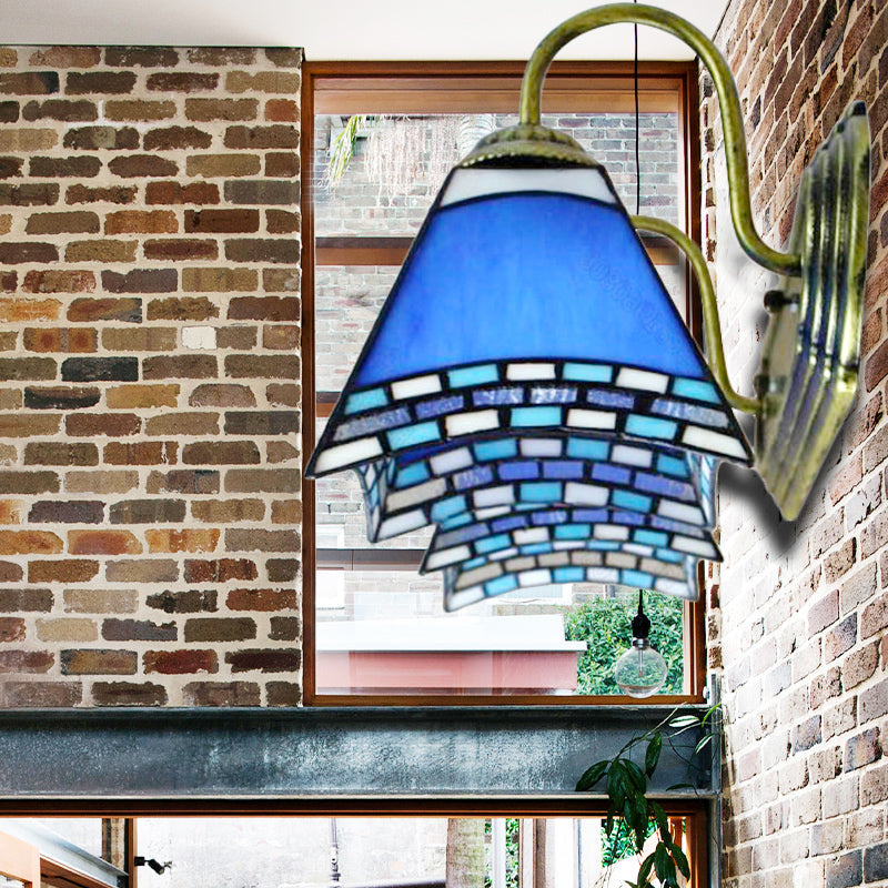 BowLift | Blue Glass Pyramid Wall Mounted Light Mediterranean 2 Heads Bronze Wall Light
