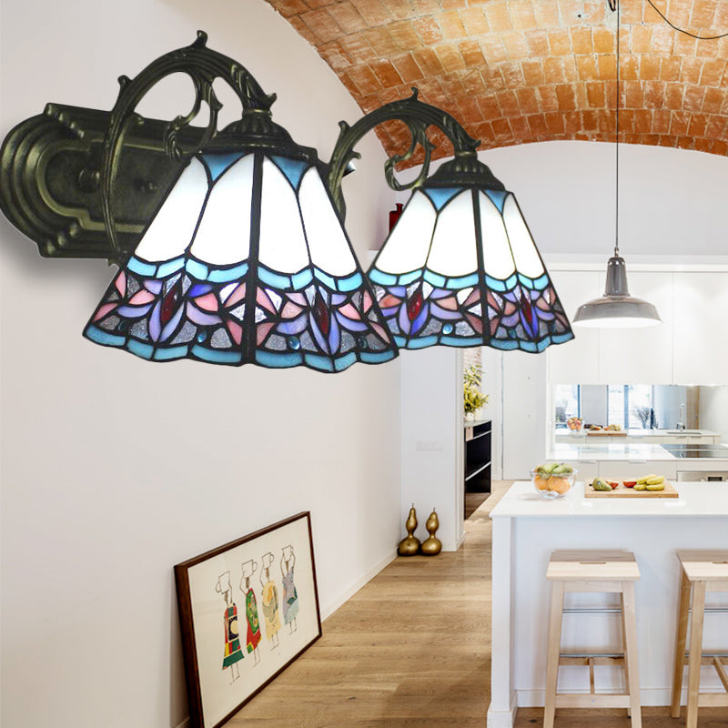 BowLift | 2 Bulbs Pyramid Wall Light Tiffany Classic Stained Glass Wall Lamp in Blue with Curved Arm for Hallway