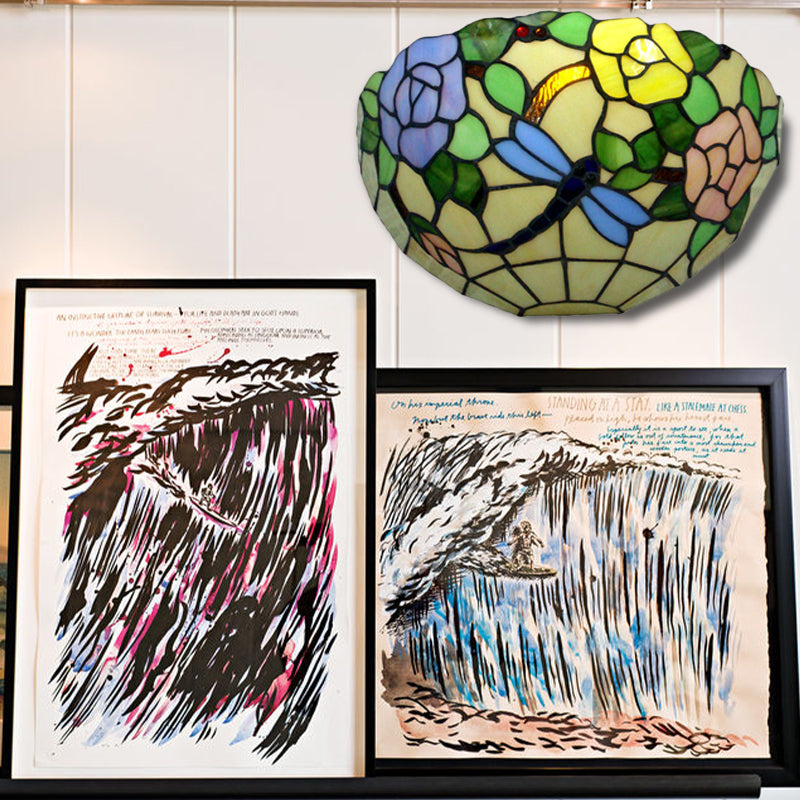 BowLift | Colorful Bowl Wall Lamp with Flower and Butterfly Rustic Tiffany Glass Wall Light for Balcony