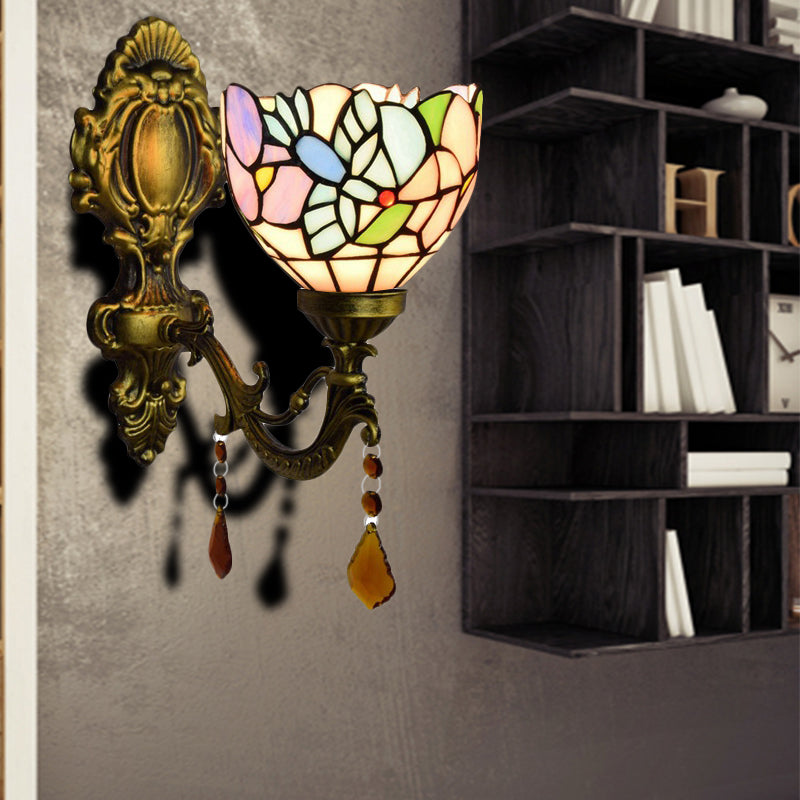 BowLift | Bedroom Blossom Bird Wall Lamp Stained Glass 1 Head Wall Sconce with Agate Deco in Antique Brass