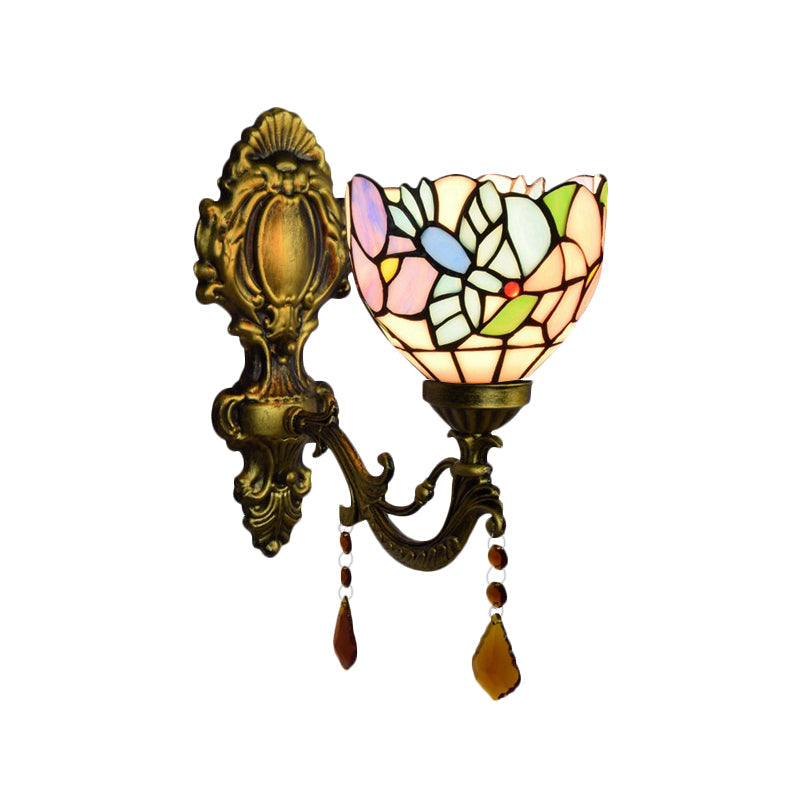 BowLift | Bedroom Blossom Bird Wall Lamp Stained Glass 1 Head Wall Sconce with Agate Deco in Antique Brass