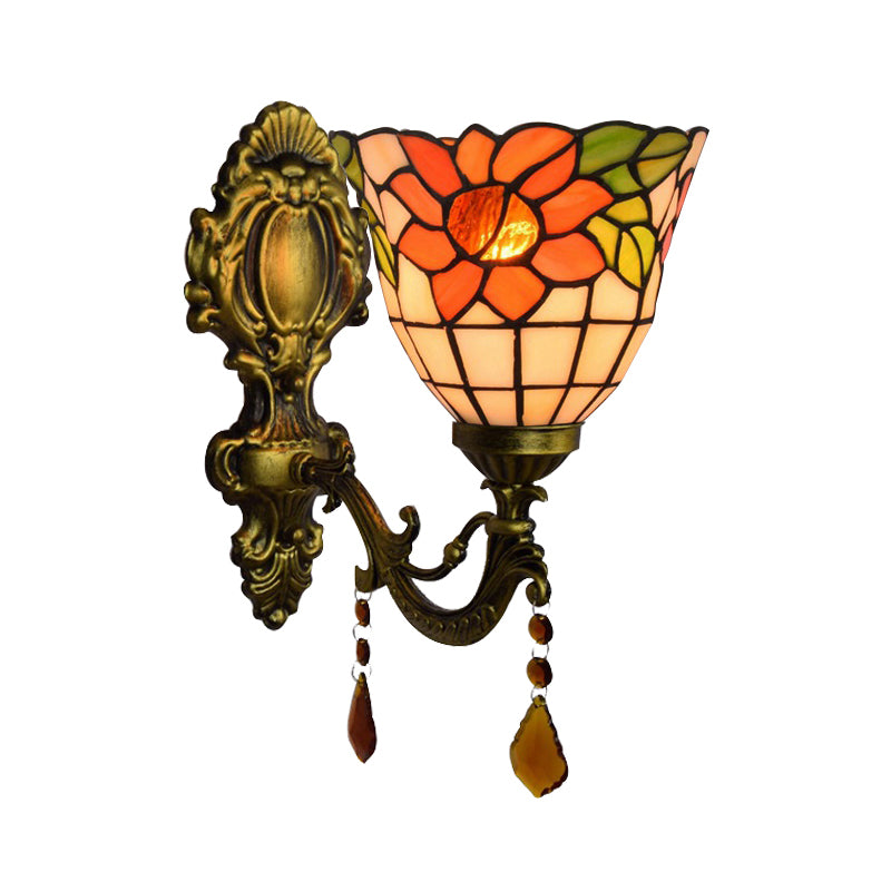 BowLift | Bowl Wall Lamp Tiffany Glass in Lead 1 Lamp Floral Wall Lamps with Crystal in Orange