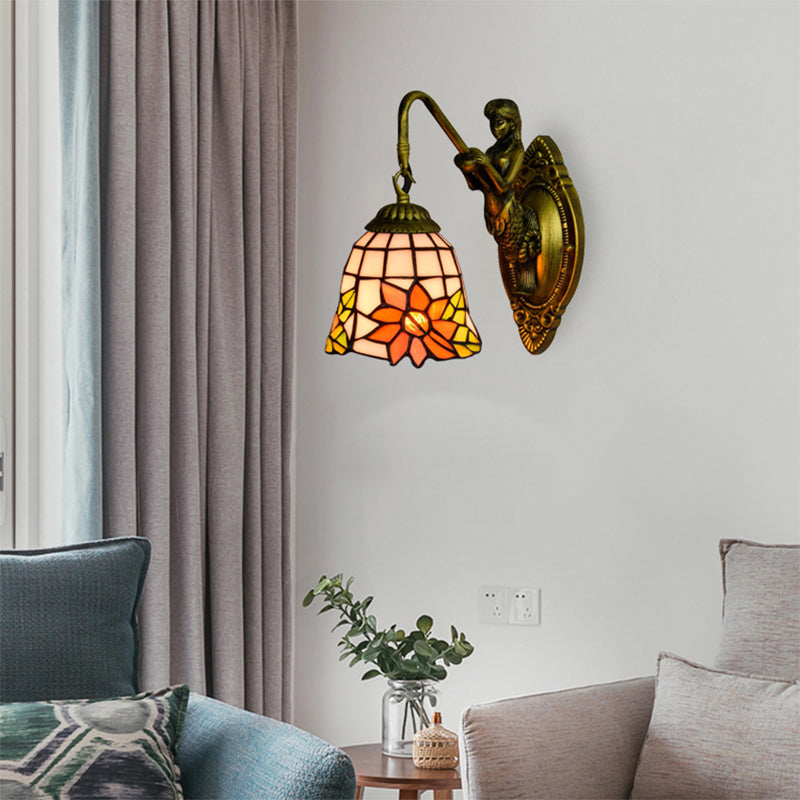 BowLift | Sunflower Sconce Lamp Tiffany Orange Glass 1 Head Living Room Wall Mounted Lamp with Mermaid Backplate