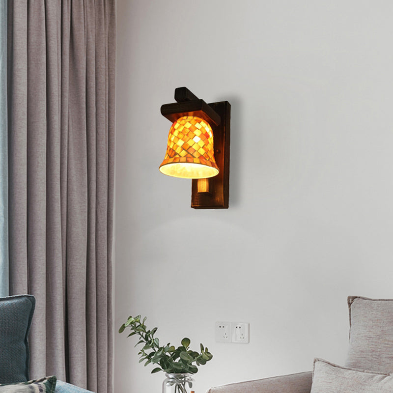BowLift | Macaron Bell Wall Lamp with Wooden Base Glass 1 Light Yellow Wall Lamp for Clothing Store