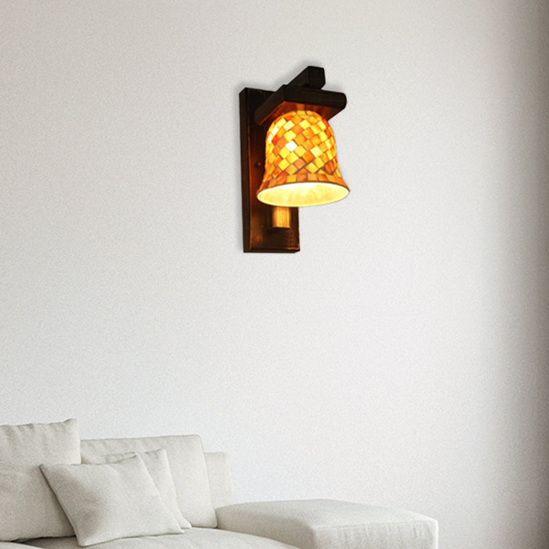 BowLift | Macaron Bell Wall Lamp with Wooden Base Glass 1 Light Yellow Wall Lamp for Clothing Store