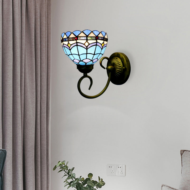 BowLift | Mediterranean Style Bowl Wall Lamp 6"/8" Width 1 Head Stained Glass Wall Lamp in Blue for Fabric Store
