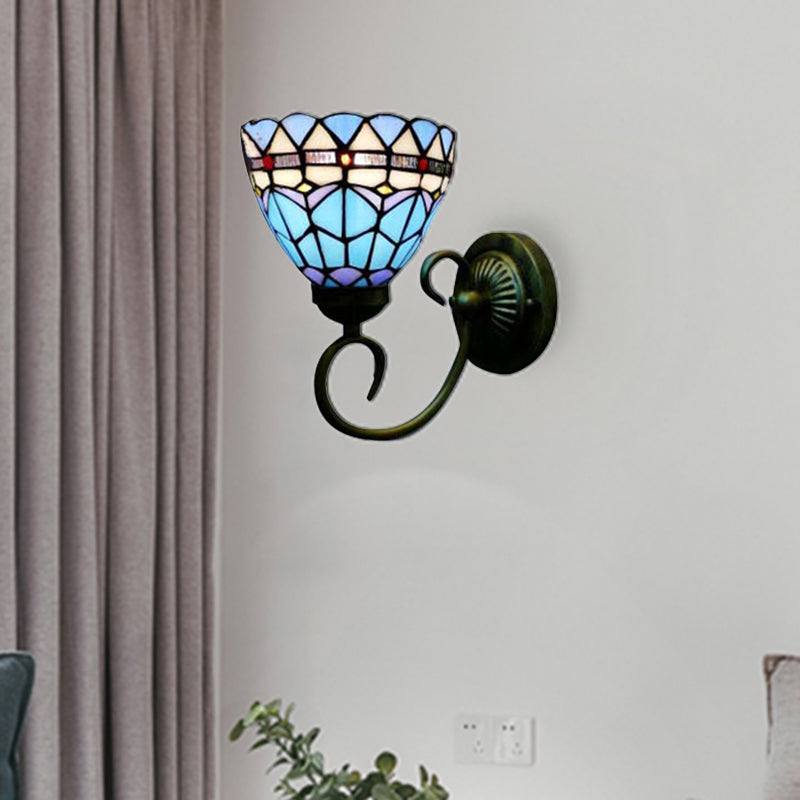 BowLift | Mediterranean Style Bowl Wall Lamp 6"/8" Width 1 Head Stained Glass Wall Lamp in Blue for Fabric Store