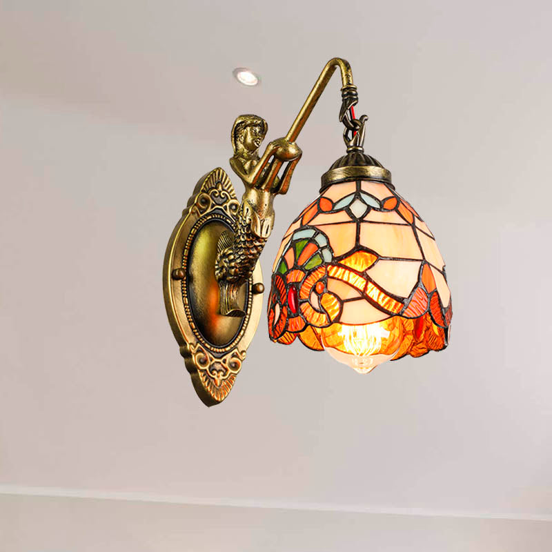 BowLift | Vintage Dome Wall Light 5.5" Width 1 Light Stained Glass Wall Fixture with Mermaid Design
